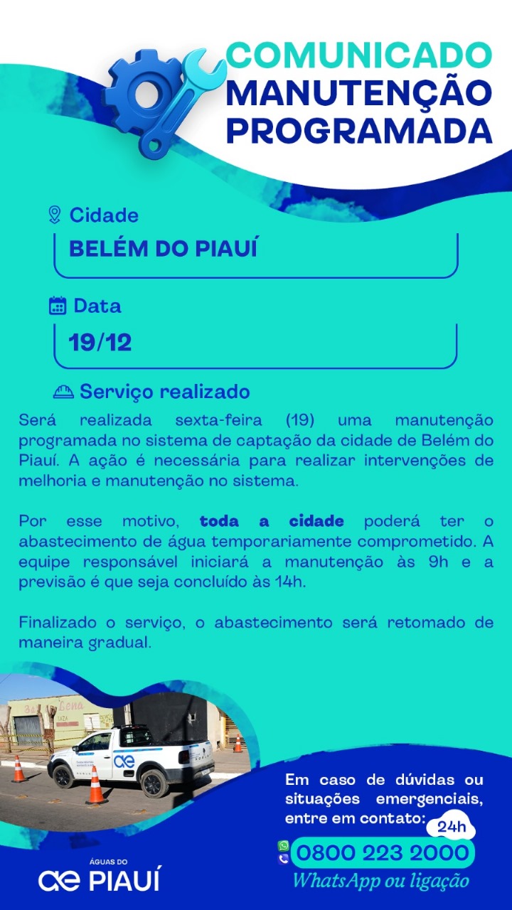 Nesta sexta (19), a Águas do Piauí realizará melhoria no sistema de captação de Belém do Piauí