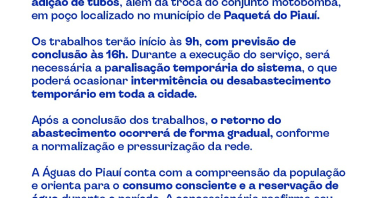 Águas do Piauí realiza melhoria no sistema de abastecimento em Paquetá do Piauí nesta terça-feira (3)