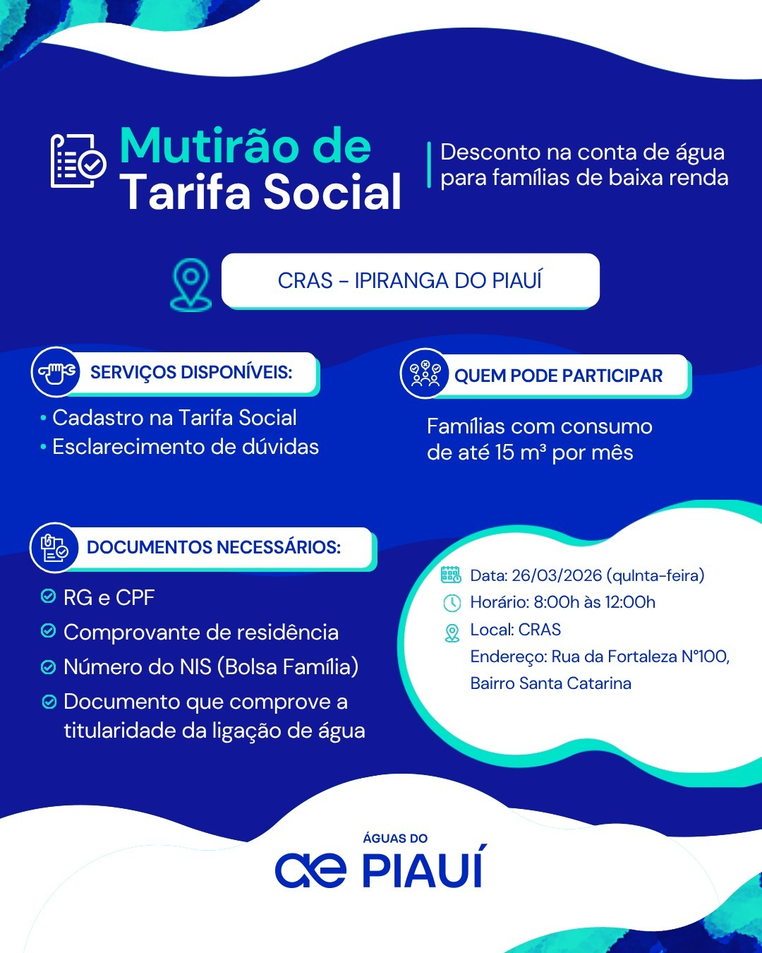 Ipiranga do Piauí receberá mutirão de Tarifa Social da Águas do Piauí