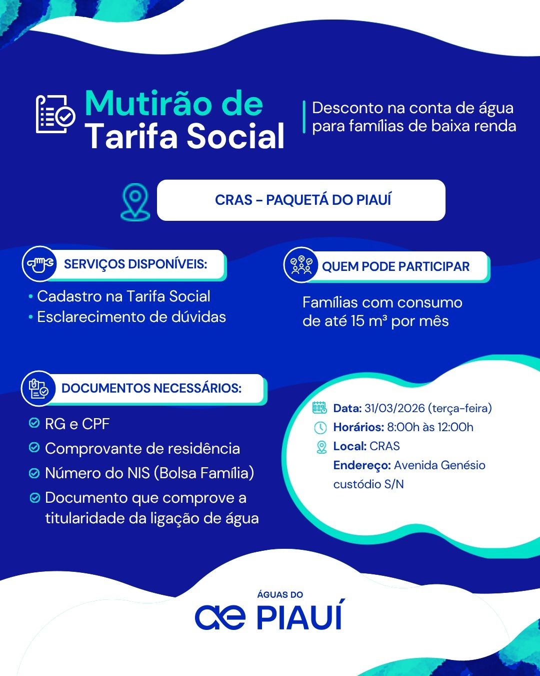 Nesta terça (31) Paquetá do Piauí recebe mutirão da Tarifa Social da Águas do Piauí